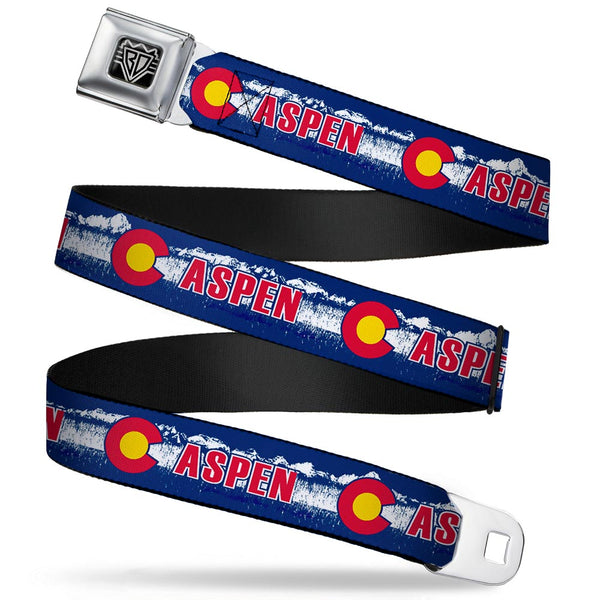 Buckle-Down BD Wings Logo CLOSE-UP Full Color Black Silver Seatbelt Belt - Colorado ASPEN Flag/Snowy Mountains Weathered Blue/White/Red/Yellows Webbing