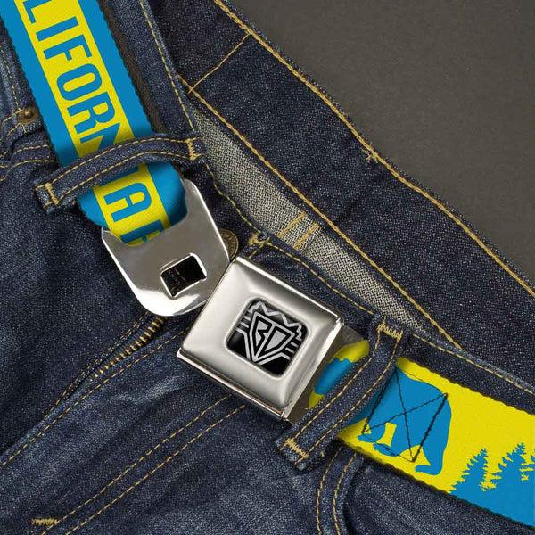 Buckle-Down BD Wings Logo CLOSE-UP Full Color Black Silver Seatbelt Belt - CALIFORNIA REPUBLIC/Bear/Stars Silhouette Yellow/Blue Webbing