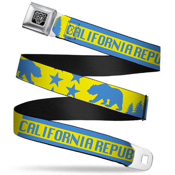 Buckle-Down BD Wings Logo CLOSE-UP Full Color Black Silver Seatbelt Belt - CALIFORNIA REPUBLIC/Bear/Stars Silhouette Yellow/Blue Webbing