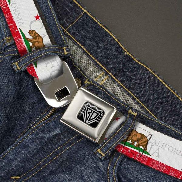Buckle-Down BD Wings Logo CLOSE-UP Full Color Black Silver Seatbelt Belt - CALIFORNIA Bear/Star/Crackle Stripe White/Gray/Red Webbing