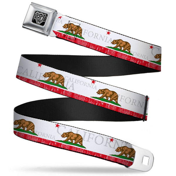 Buckle-Down BD Wings Logo CLOSE-UP Full Color Black Silver Seatbelt Belt - CALIFORNIA Bear/Star/Crackle Stripe White/Gray/Red Webbing
