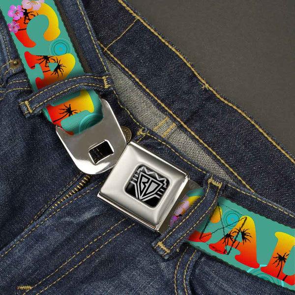 Buckle-Down BD Wings Logo CLOSE-UP Full Color Black Silver Seatbelt Belt - CALI Tropical Aqua/Multi Color Webbing