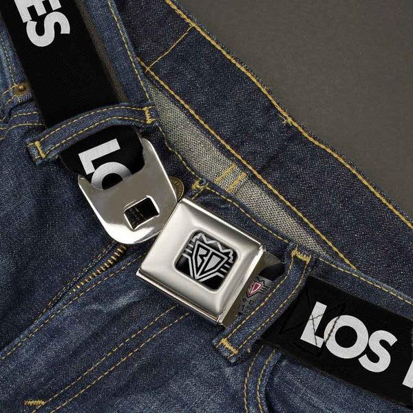 Buckle-Down BD Wings Logo CLOSE-UP Full Color Black Silver Seatbelt Belt - LOS F*CKIN' ANGELES Mustache Black/White/Pink Webbing