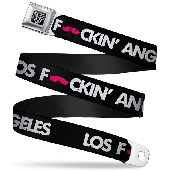 Buckle-Down BD Wings Logo CLOSE-UP Full Color Black Silver Seatbelt Belt - LOS F*CKIN' ANGELES Mustache Black/White/Pink Webbing