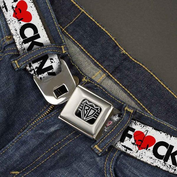 Buckle-Down BD Wings Logo CLOSE-UP Full Color Black Silver Seatbelt Belt - LOS F*CKIN' ANGELES Heart Weathered White/Black/Red Webbing