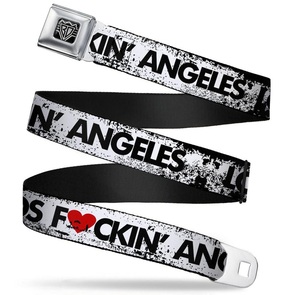 Buckle-Down BD Wings Logo CLOSE-UP Full Color Black Silver Seatbelt Belt - LOS F*CKIN' ANGELES Heart Weathered White/Black/Red Webbing