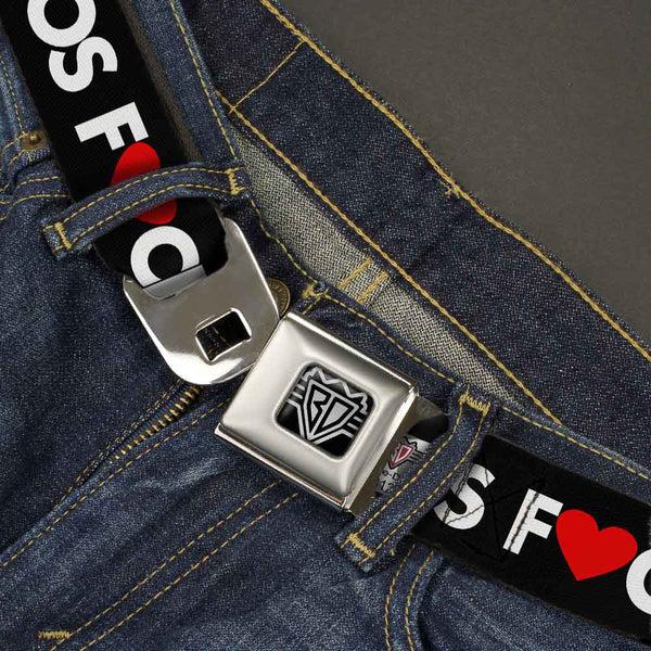 Buckle-Down BD Wings Logo CLOSE-UP Full Color Black Silver Seatbelt Belt - LOS F*CKIN' ANGELES Heart Black/White/Red Webbing