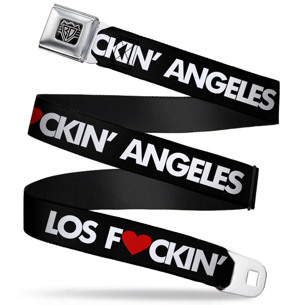 Buckle-Down BD Wings Logo CLOSE-UP Full Color Black Silver Seatbelt Belt - LOS F*CKIN' ANGELES Heart Black/White/Red Webbing