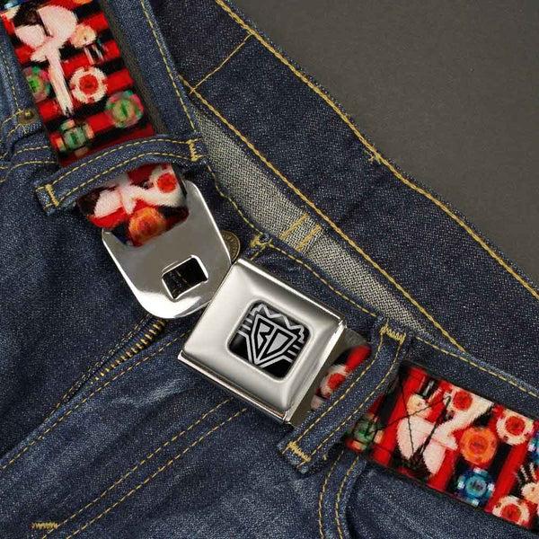 Buckle-Down BD Wings Logo CLOSE-UP Full Color Black Silver Seatbelt Belt - Top Hat Pin Up Girl/Poker Chips Vertical Stripes Red/Black Webbing