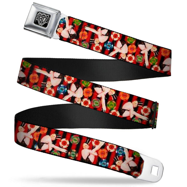 Buckle-Down BD Wings Logo CLOSE-UP Full Color Black Silver Seatbelt Belt - Top Hat Pin Up Girl/Poker Chips Vertical Stripes Red/Black Webbing