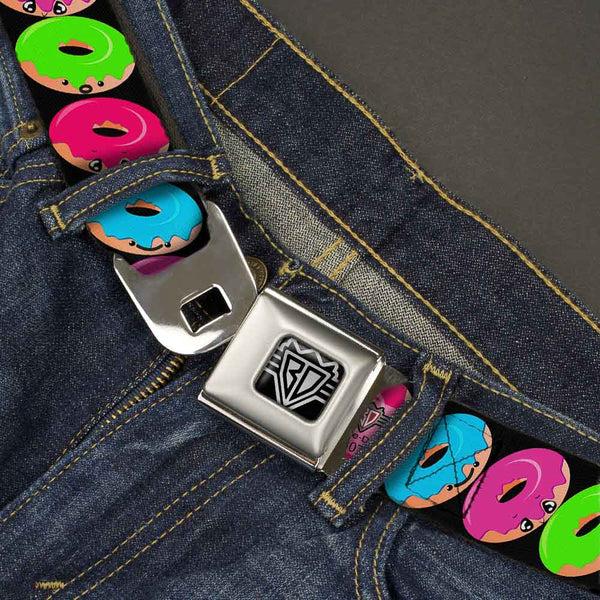 Buckle-Down BD Wings Logo CLOSE-UP Full Color Black Silver Seatbelt Belt - Glaze Donut Expressions Black Webbing