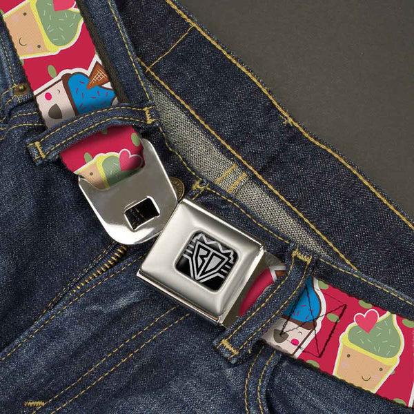 Buckle-Down BD Wings Logo CLOSE-UP Full Color Black Silver Seatbelt Belt - Happy Cupcakes/Dots Pink/Green Webbing