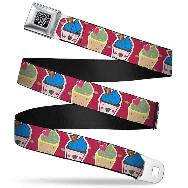 Buckle-Down BD Wings Logo CLOSE-UP Full Color Black Silver Seatbelt Belt - Happy Cupcakes/Dots Pink/Green Webbing