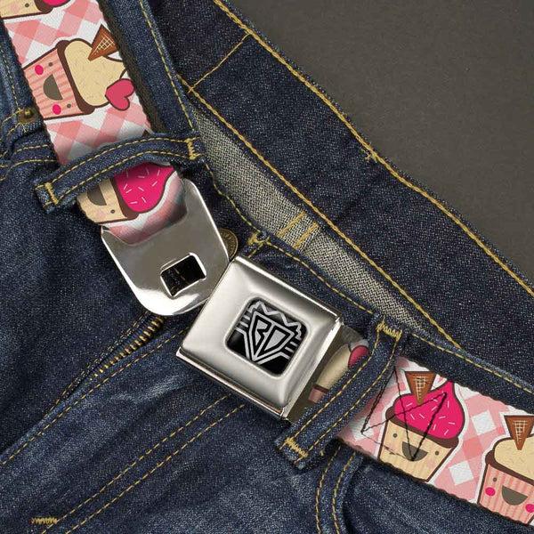 Buckle-Down BD Wings Logo CLOSE-UP Full Color Black Silver Seatbelt Belt - Happy Cupcakes Buffalo Plaid White/Pink Webbing