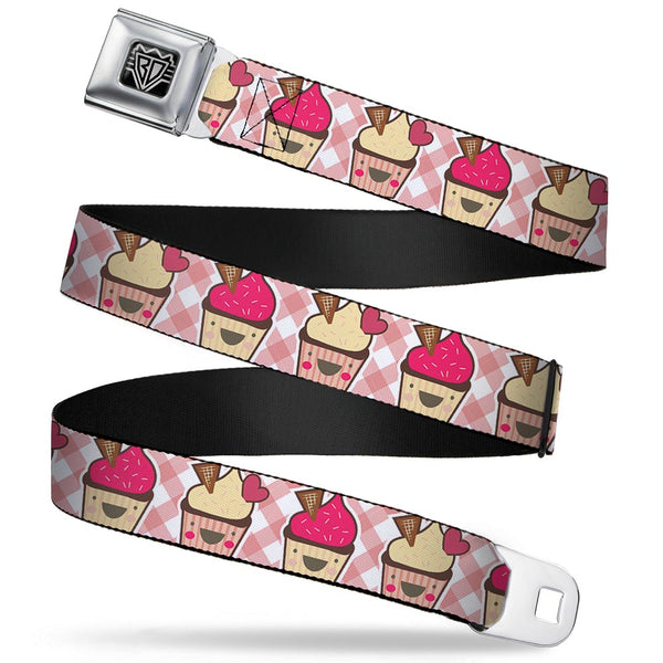 Buckle-Down BD Wings Logo CLOSE-UP Full Color Black Silver Seatbelt Belt - Happy Cupcakes Buffalo Plaid White/Pink Webbing