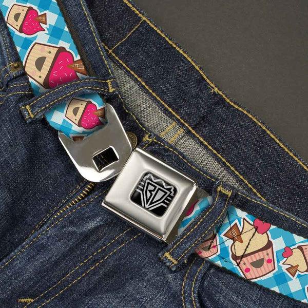 Buckle-Down BD Wings Logo CLOSE-UP Full Color Black Silver Seatbelt Belt - Happy Cupcakes Buffalo Plaid White/Blue Webbing