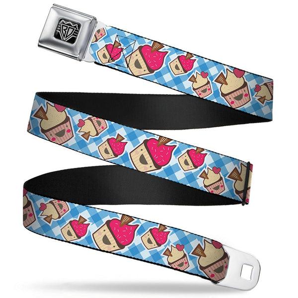 Buckle-Down BD Wings Logo CLOSE-UP Full Color Black Silver Seatbelt Belt - Happy Cupcakes Buffalo Plaid White/Blue Webbing