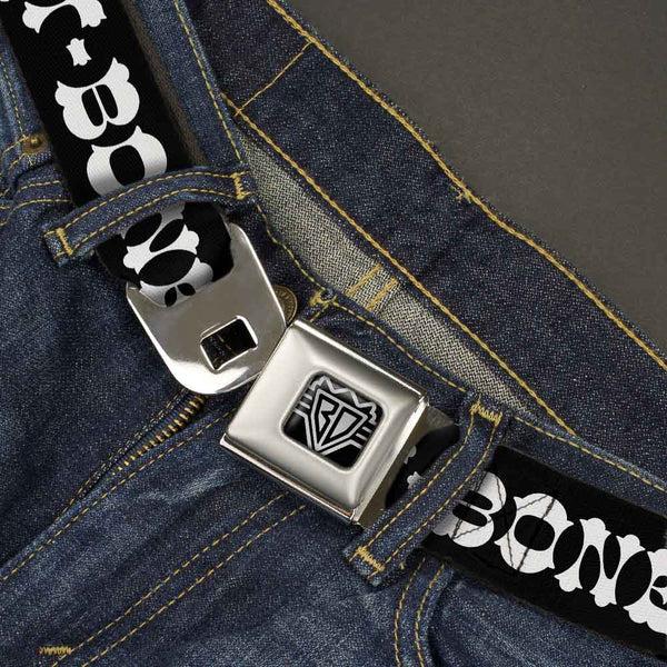 Buckle-Down BD Wings Logo CLOSE-UP Full Color Black Silver Seatbelt Belt - Steaks W/T-BONE Text Webbing