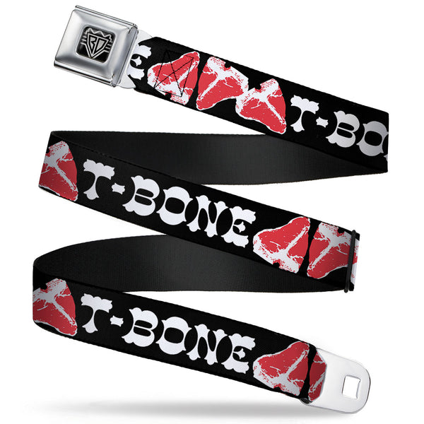 Buckle-Down BD Wings Logo CLOSE-UP Full Color Black Silver Seatbelt Belt - Steaks w/T-BONE Text Webbing