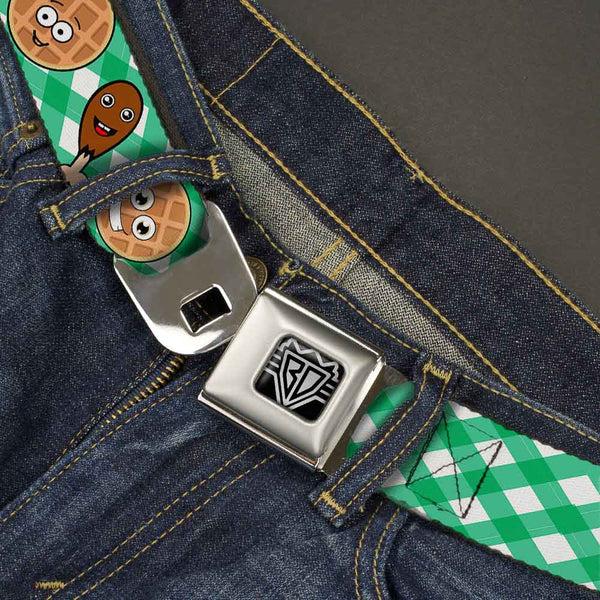 Buckle-Down BD Wings Logo CLOSE-UP Full Color Black Silver Seatbelt Belt - Fried Chicken & Waffles Plaid White/Green Webbing