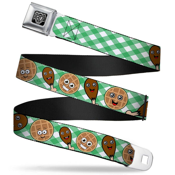 Buckle-Down BD Wings Logo CLOSE-UP Full Color Black Silver Seatbelt Belt - Fried Chicken & Waffles Plaid White/Green Webbing