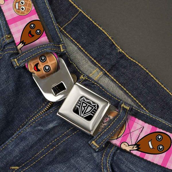 Buckle-Down BD Wings Logo CLOSE-UP Full Color Black Silver Seatbelt Belt - Fried Chicken & Waffles Plaid Pinks Webbing