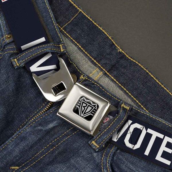 Buckle-Down BD Wings Logo CLOSE-UP Full Color Black Silver Seatbelt Belt - VOTE FOR BACON Black/White/Bacon Webbing