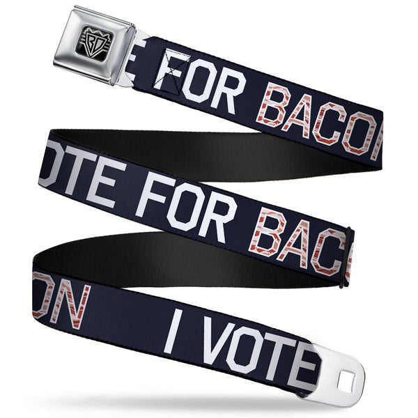 Buckle-Down BD Wings Logo CLOSE-UP Full Color Black Silver Seatbelt Belt - VOTE FOR BACON Black/White/Bacon Webbing