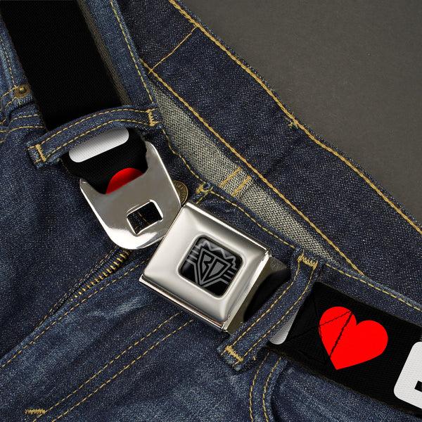 Buckle-Down BD Wings Logo CLOSE-UP Full Color Black Silver Seatbelt Belt - I "HEART" BACON Text Black/White/Red Webbing