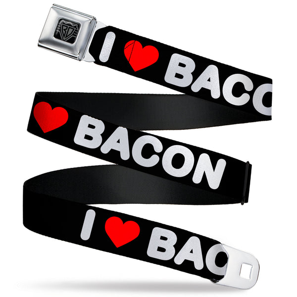 Buckle-Down BD Wings Logo CLOSE-UP Full Color Black Silver Seatbelt Belt - I "HEART" BACON Text Black/White/Red Webbing