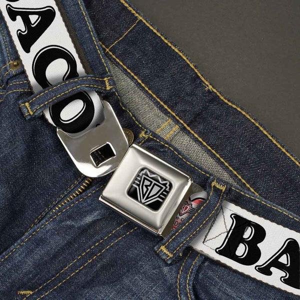Buckle-Down BD Wings Logo CLOSE-UP Full Color Black Silver Seatbelt Belt - I "Heart" BACON White/Black/Bacon Webbing