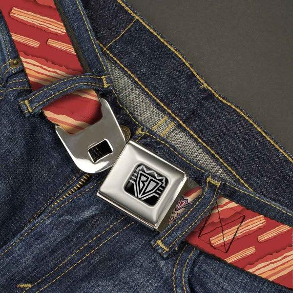 Buckle-Down BD Wings Logo CLOSE-UP Full Color Black Silver Seatbelt Belt - Bacon Slices Red Webbing