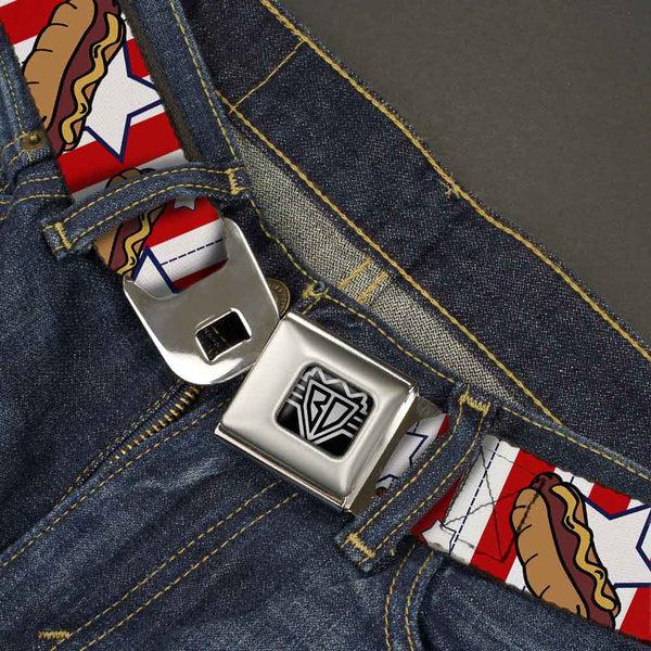 Buckle-Down BD Wings Logo CLOSE-UP Full Color Black Silver Seatbelt Belt - Hot Dogs Webbing