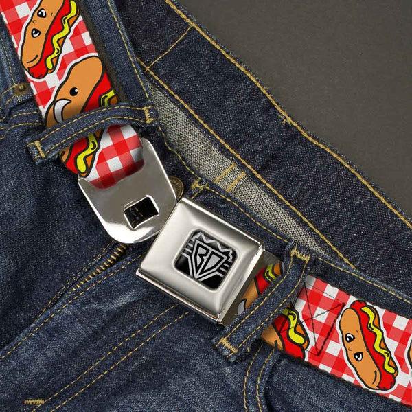 Buckle-Down BD Wings Logo CLOSE-UP Full Color Black Silver Seatbelt Belt - Hot Dogs Buffalo Plaid White/Red Webbing