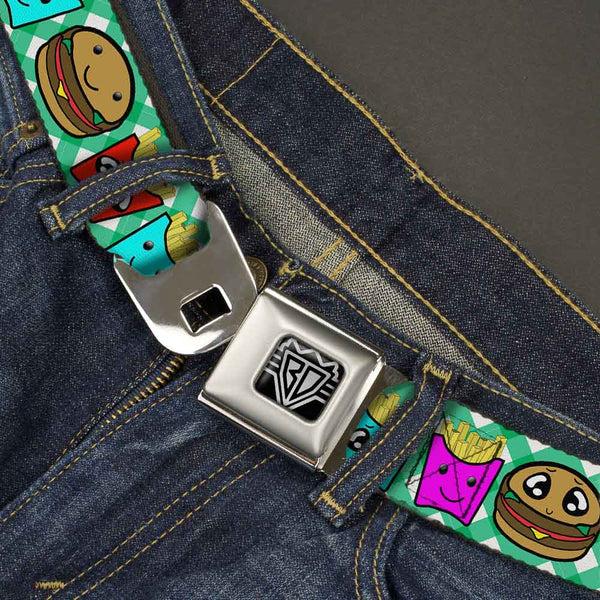 Buckle-Down BD Wings Logo CLOSE-UP Full Color Black Silver Seatbelt Belt - Burger & Fries Cartoon Straight Green Tablecloth Webbing