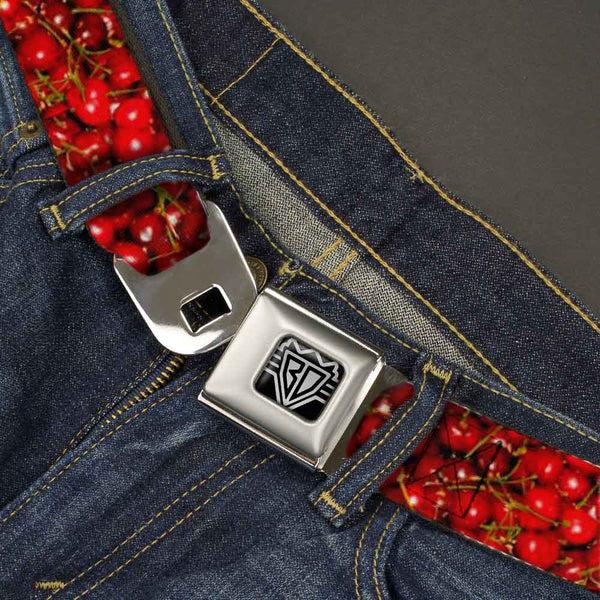 Buckle-Down BD Wings Logo CLOSE-UP Full Color Black Silver Seatbelt Belt - Fresh Cherries Stacked Webbing