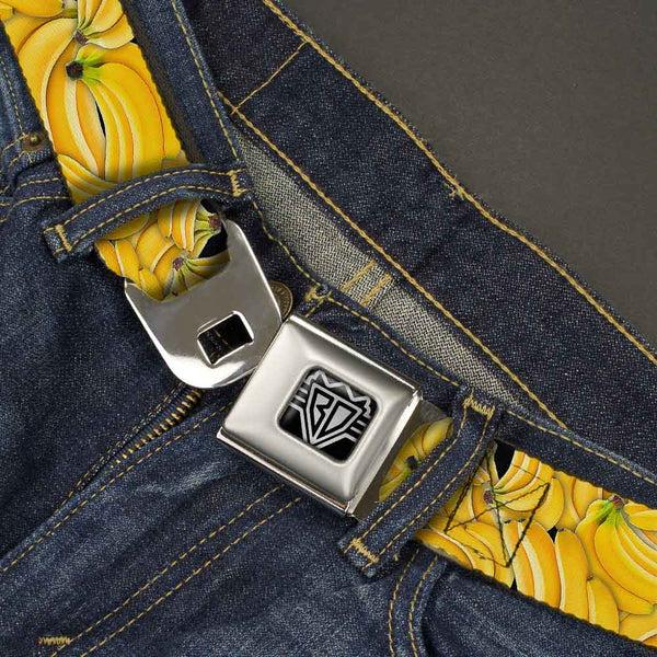 Buckle-Down BD Wings Logo CLOSE-UP Full Color Black Silver Seatbelt Belt - Vivid Banana Bunches Stacked Webbing