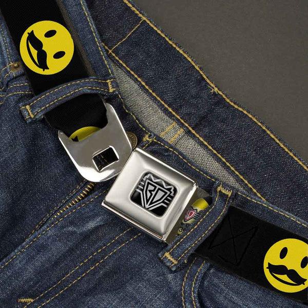 Buckle-Down BD Wings Logo CLOSE-UP Full Color Black Silver Seatbelt Belt - Mustache Happy Face2 Black/Yellow/Black Webbing