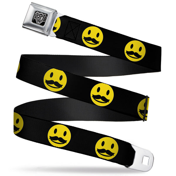 Buckle-Down BD Wings Logo CLOSE-UP Full Color Black Silver Seatbelt Belt - Mustache Happy Face2 Black/Yellow/Black Webbing
