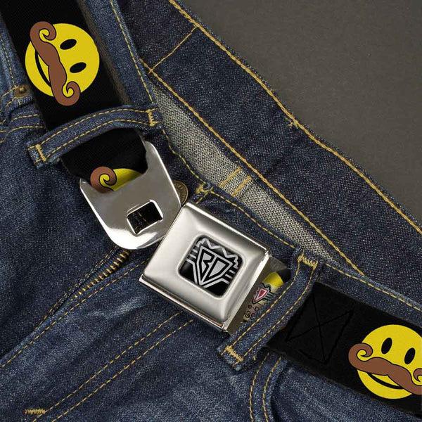 Buckle-Down BD Wings Logo CLOSE-UP Full Color Black Silver Seatbelt Belt - Mustache Happy Face Black/Yellow/Brown Webbing