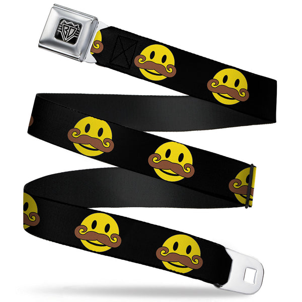 Buckle-Down BD Wings Logo CLOSE-UP Full Color Black Silver Seatbelt Belt - Mustache Happy Face Black/Yellow/Brown Webbing