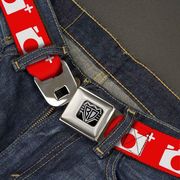 Buckle-Down BD Wings Logo CLOSE-UP Full Color Black Silver Seatbelt Belt - Camera Red/White Webbing