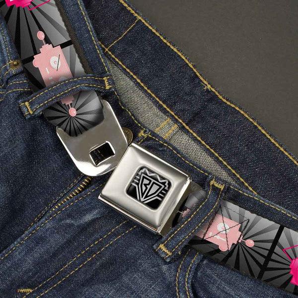 Buckle-Down BD Wings Logo CLOSE-UP Full Color Black Silver Seatbelt Belt - Hot Beat Bot Pink Webbing