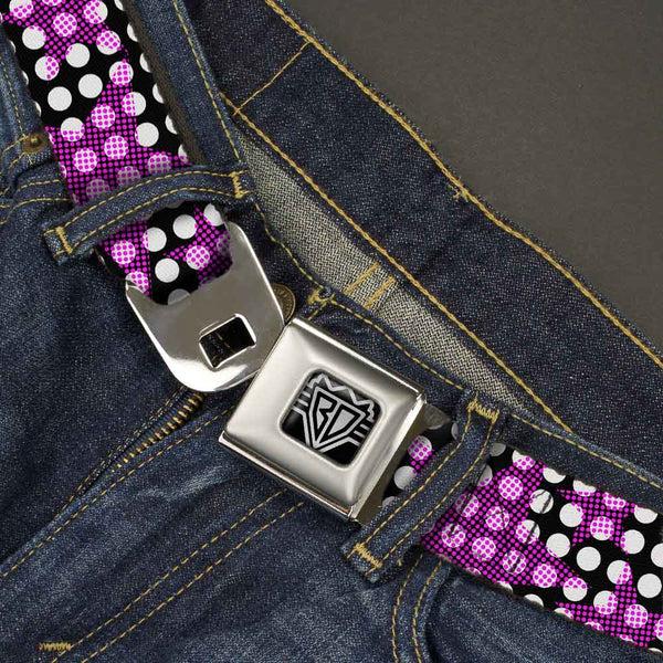 Buckle-Down BD Wings Logo CLOSE-UP Full Color Black Silver Seatbelt Belt - Eighties Stars1 Black/White/Fuchsia Webbing
