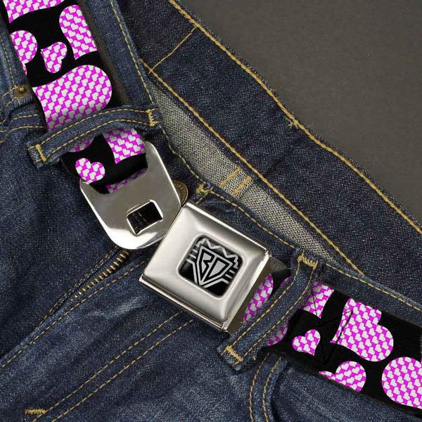 Buckle-Down BD Wings Logo CLOSE-UP Full Color Black Silver Seatbelt Belt - Eighties Hearts Black/Fuchsia/White Webbing