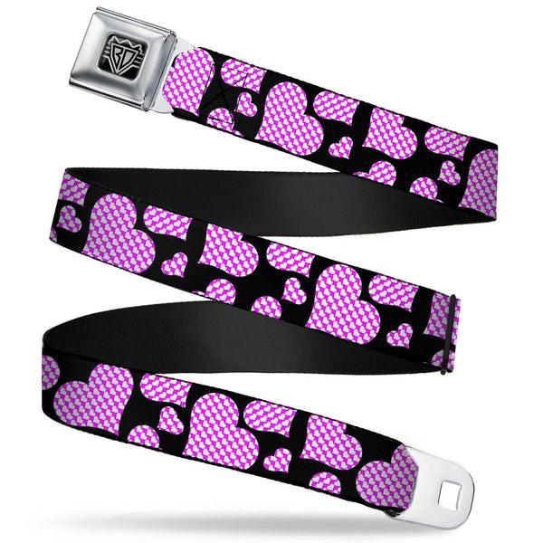 Buckle-Down BD Wings Logo CLOSE-UP Full Color Black Silver Seatbelt Belt - Eighties Hearts Black/Fuchsia/White Webbing
