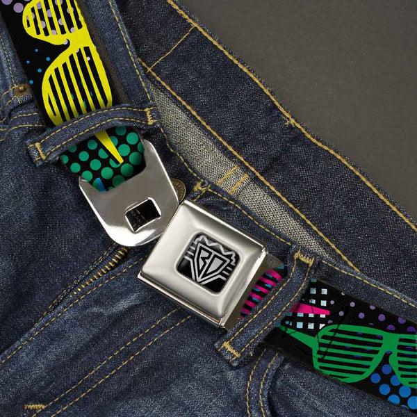 Buckle-Down BD Wings Logo CLOSE-UP Full Color Black Silver Seatbelt Belt - Eighties Shades Black/Neon Webbing