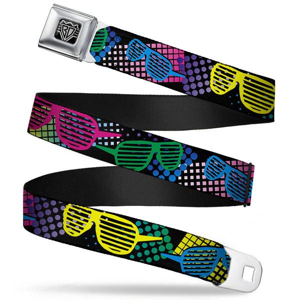 Buckle-Down BD Wings Logo CLOSE-UP Full Color Black Silver Seatbelt Belt - Eighties Shades Black/Neon Webbing