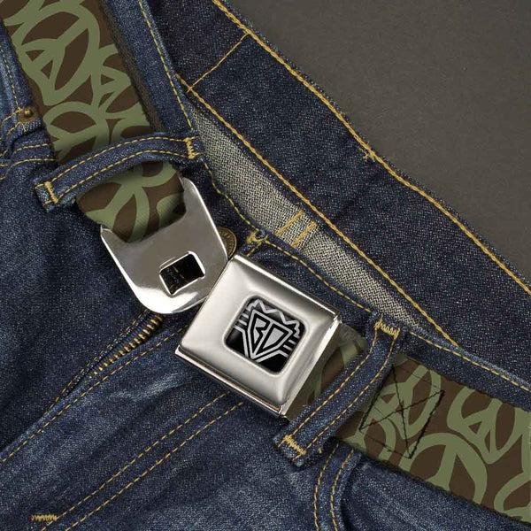 Buckle-Down BD Wings Logo CLOSE-UP Full Color Black Silver Seatbelt Belt - Peace Brown/Olive Webbing