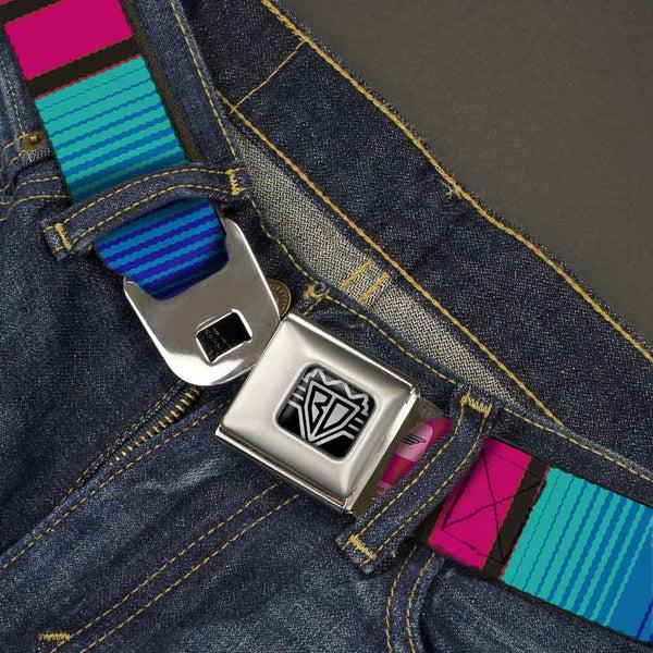 Buckle-Down BD Wings Logo CLOSE-UP Full Color Black Silver Seatbelt Belt - Zarape7 Vertical Pinks/Blues/Greens/Black Webbing